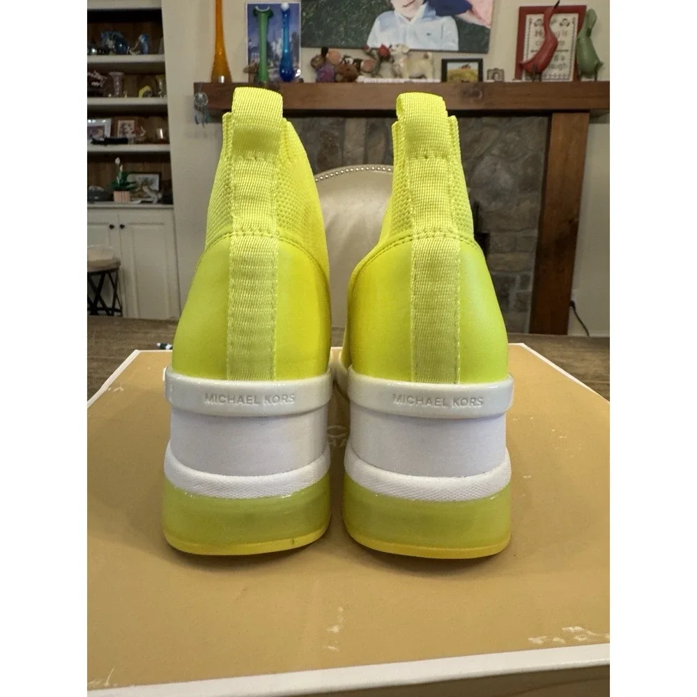 Michael Kors Skyler Booties Extreme Wedge Sneakers Neon‎ Yellow Stretchy Size 5